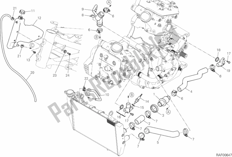 All parts for the Cooling Circuit of the Ducati Multistrada 1200 Enduro Touring Pack Brasil 2019